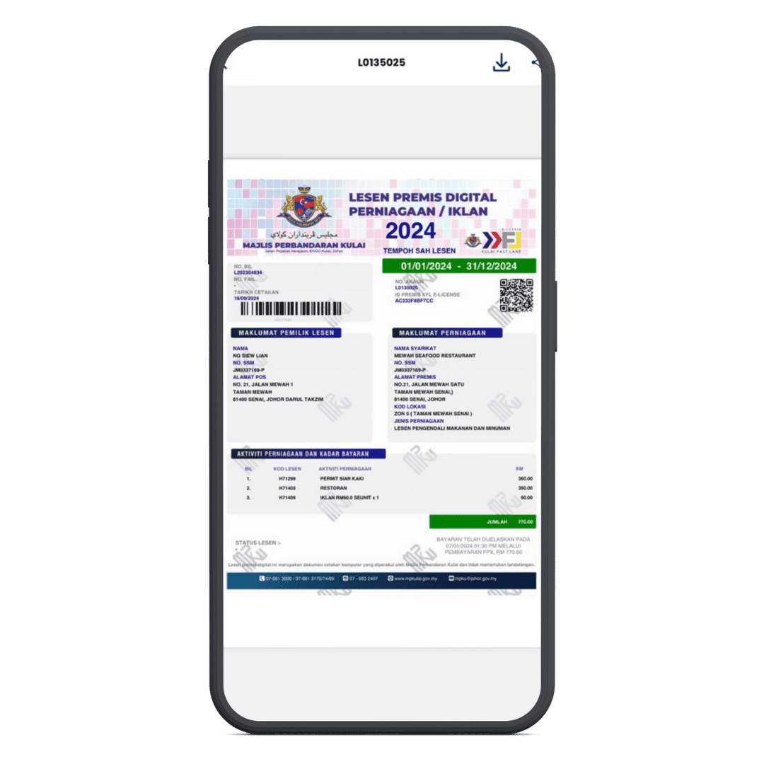 Digital business license renewal notification on myPATIL Portal for Malaysian business owners.