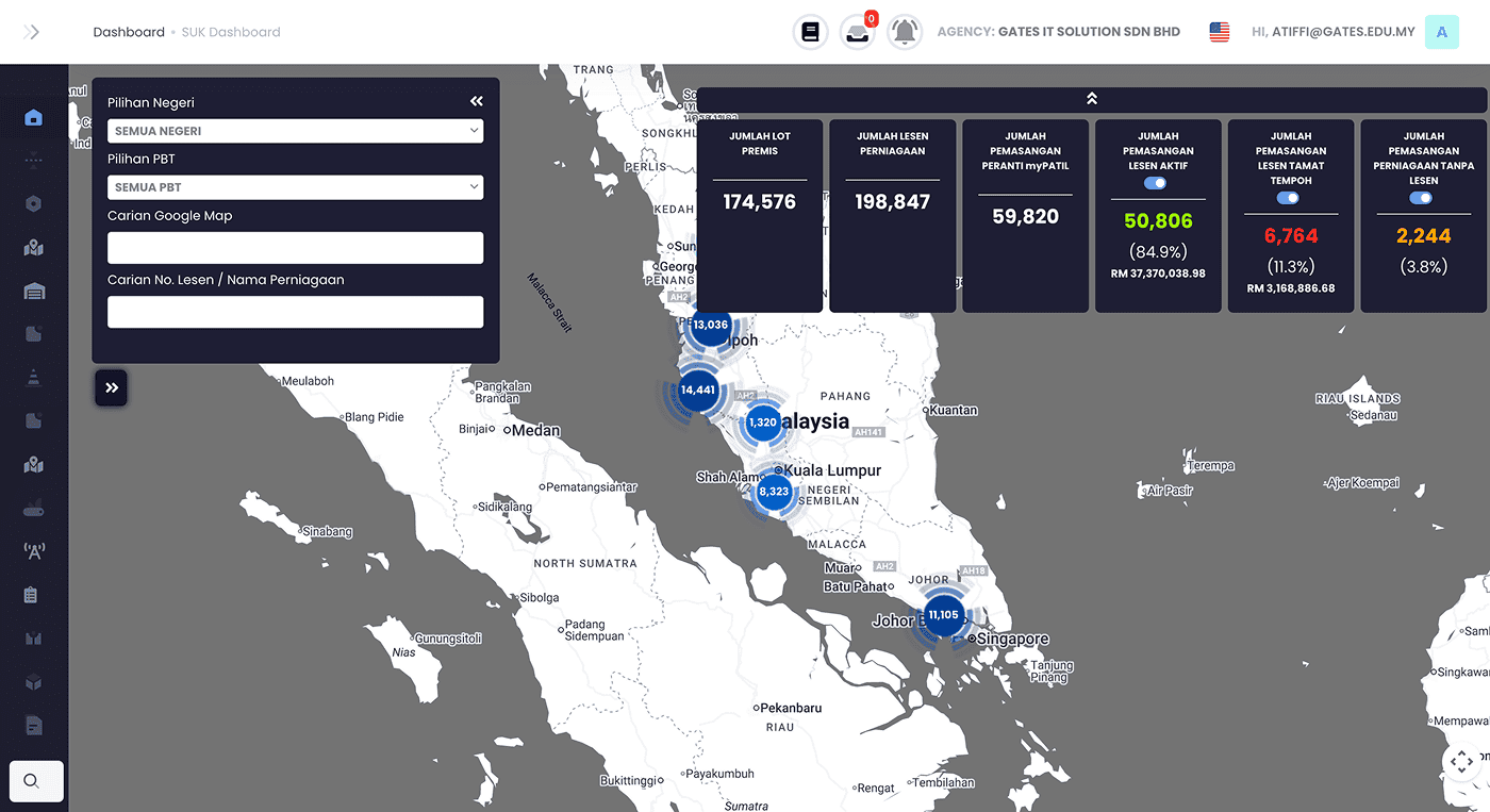 MyPATIL portal user dashboard for Malaysia, showing statistics on students, licences, and exams, with an interactive map concentrating on Malaysian states and campuses.
