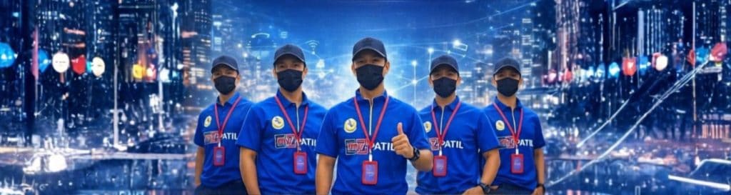 A vibrant group of five young professionals wearing blue uniforms and face masks, standing confidently in front of a futuristic cityscape illuminated with colorful lights, representing the myPATIL Por.